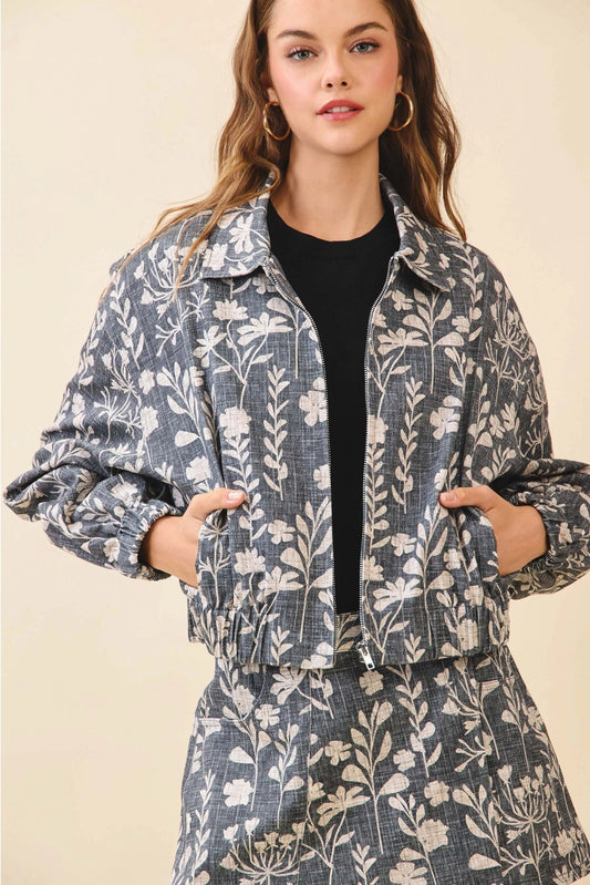 Botanical Print Pointed Collar Cropped Jacket