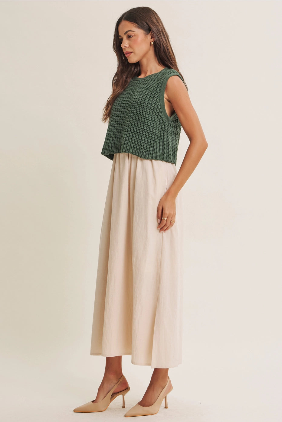 Forest Green Chunky Sweater Mixed Media Midi Dress