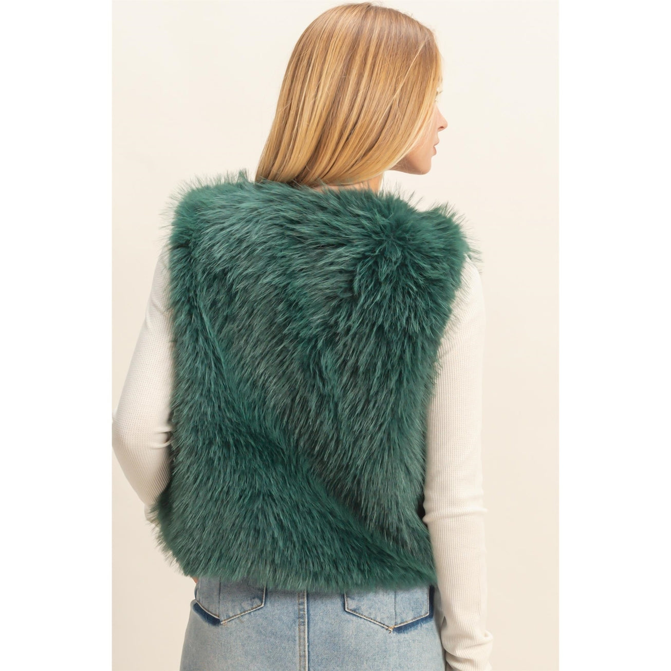 Dark Green Faux Fur Open Vest