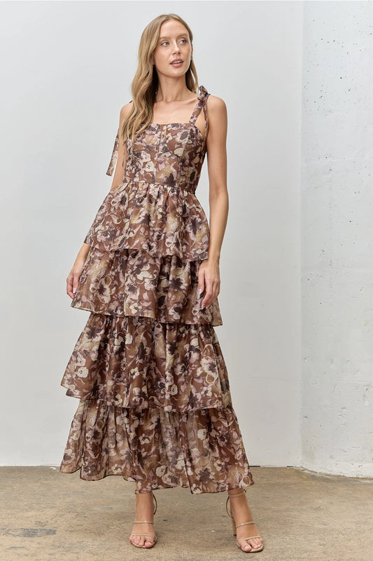 Olive Floral Print Shoulder Tie Maxi Dress