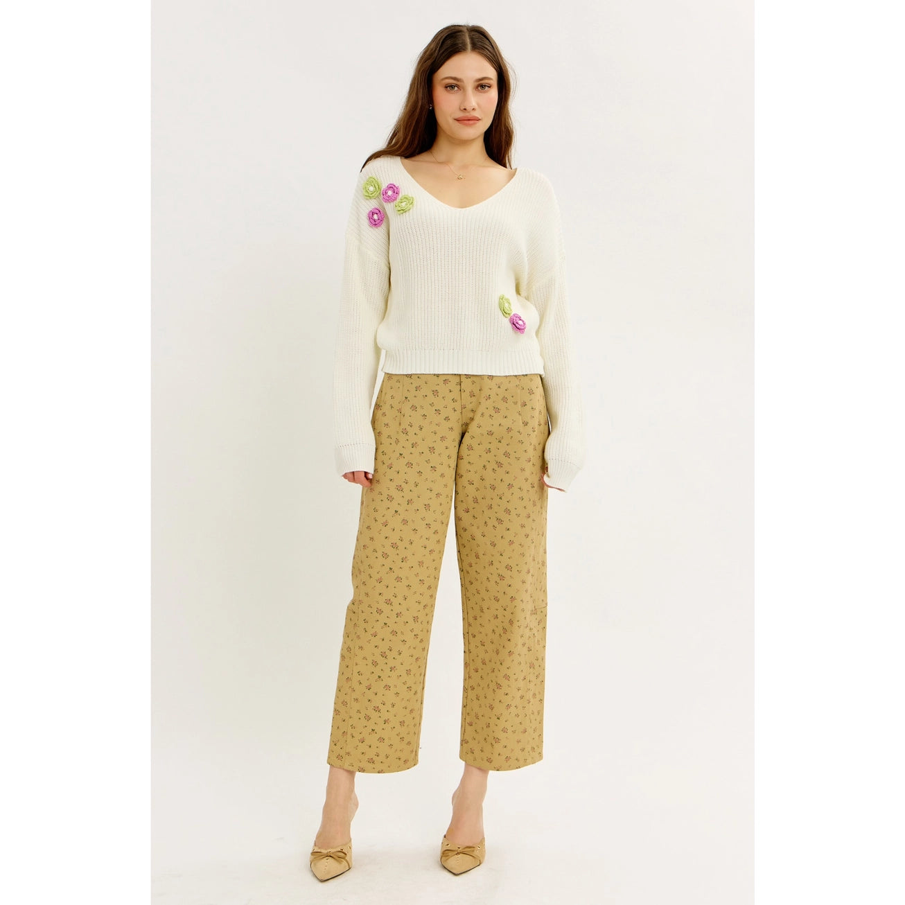 Ditsy Flower Twill Barrel Leg Pants
