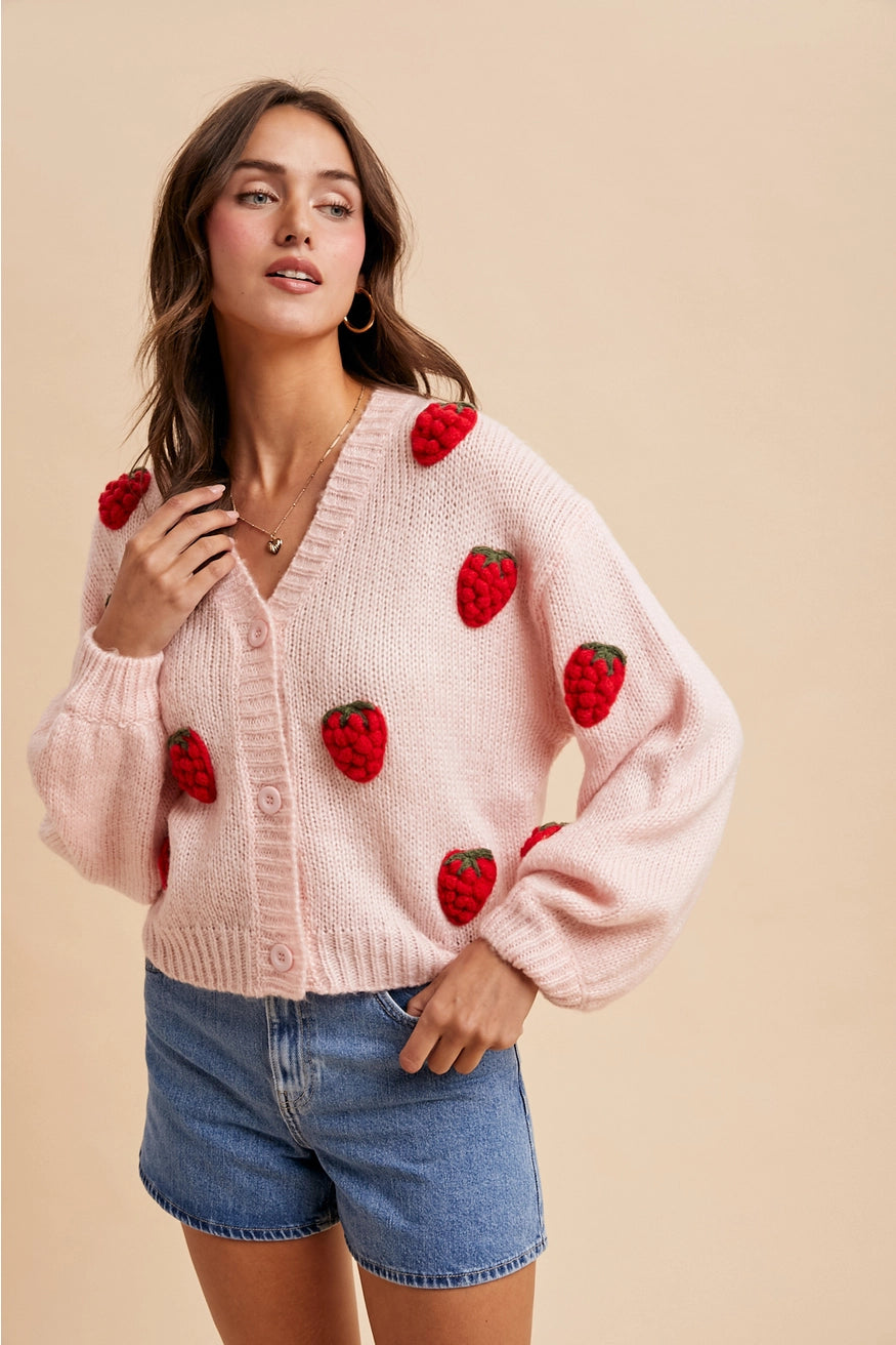 Knitted 3D Strawberry Cardigan
