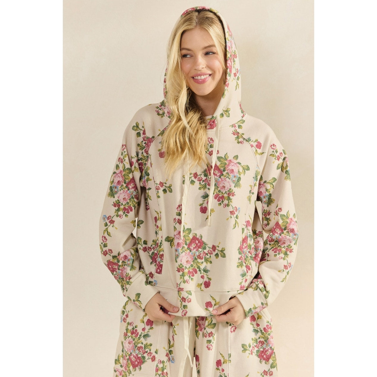 Beige Floral Printed French Terry Hoodie