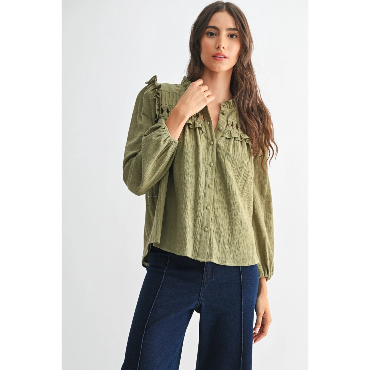 Olive Blouse with Ruffled Detail