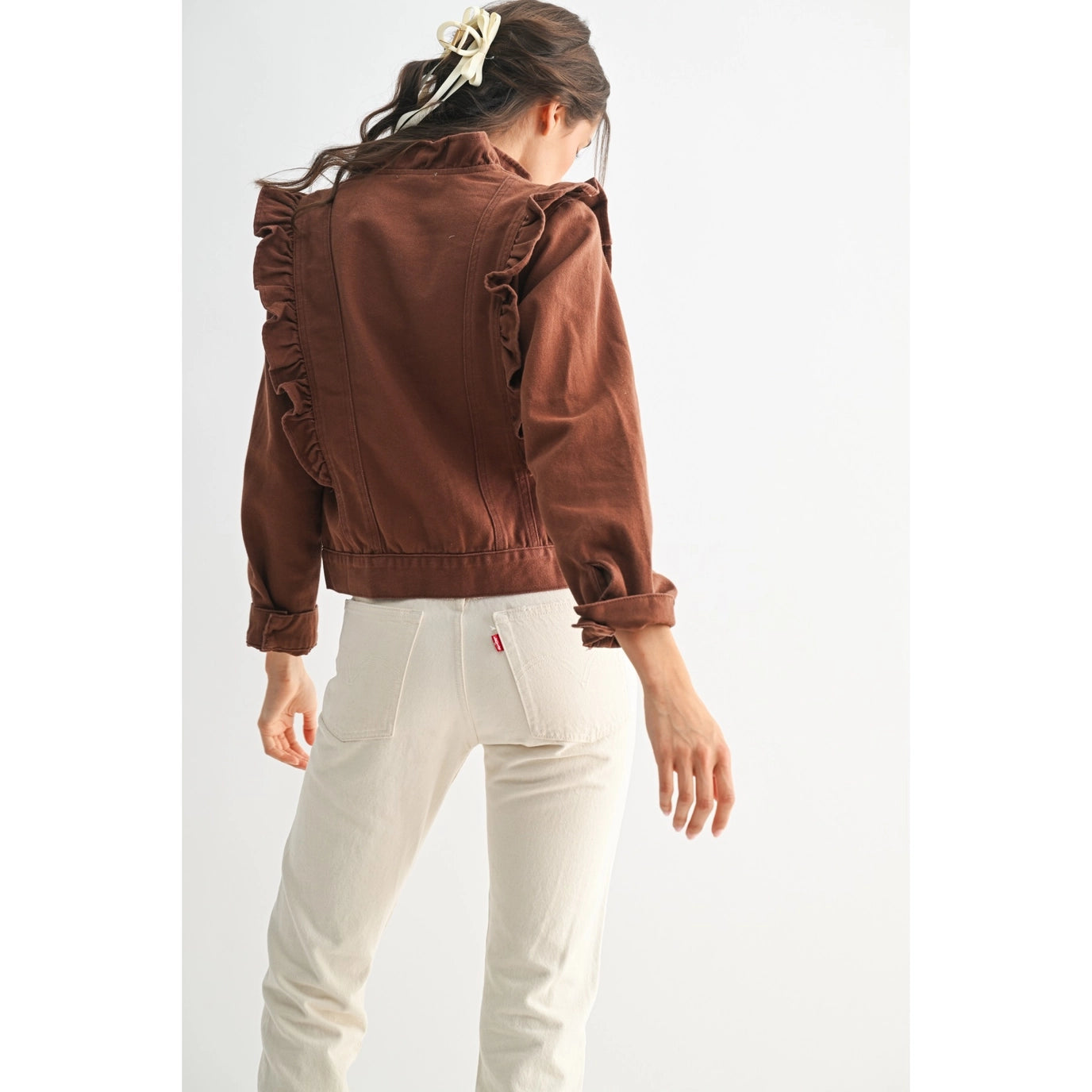 Brown Ruffled Button-Up Denim Jacket