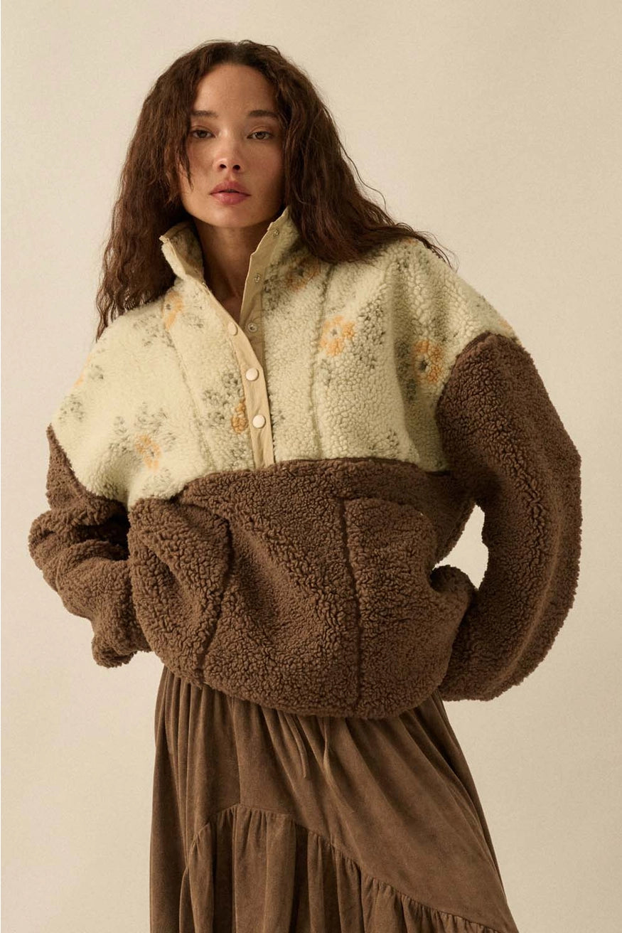 Colorblock Sherpa Fleece Half-Snap Pullover Jacket