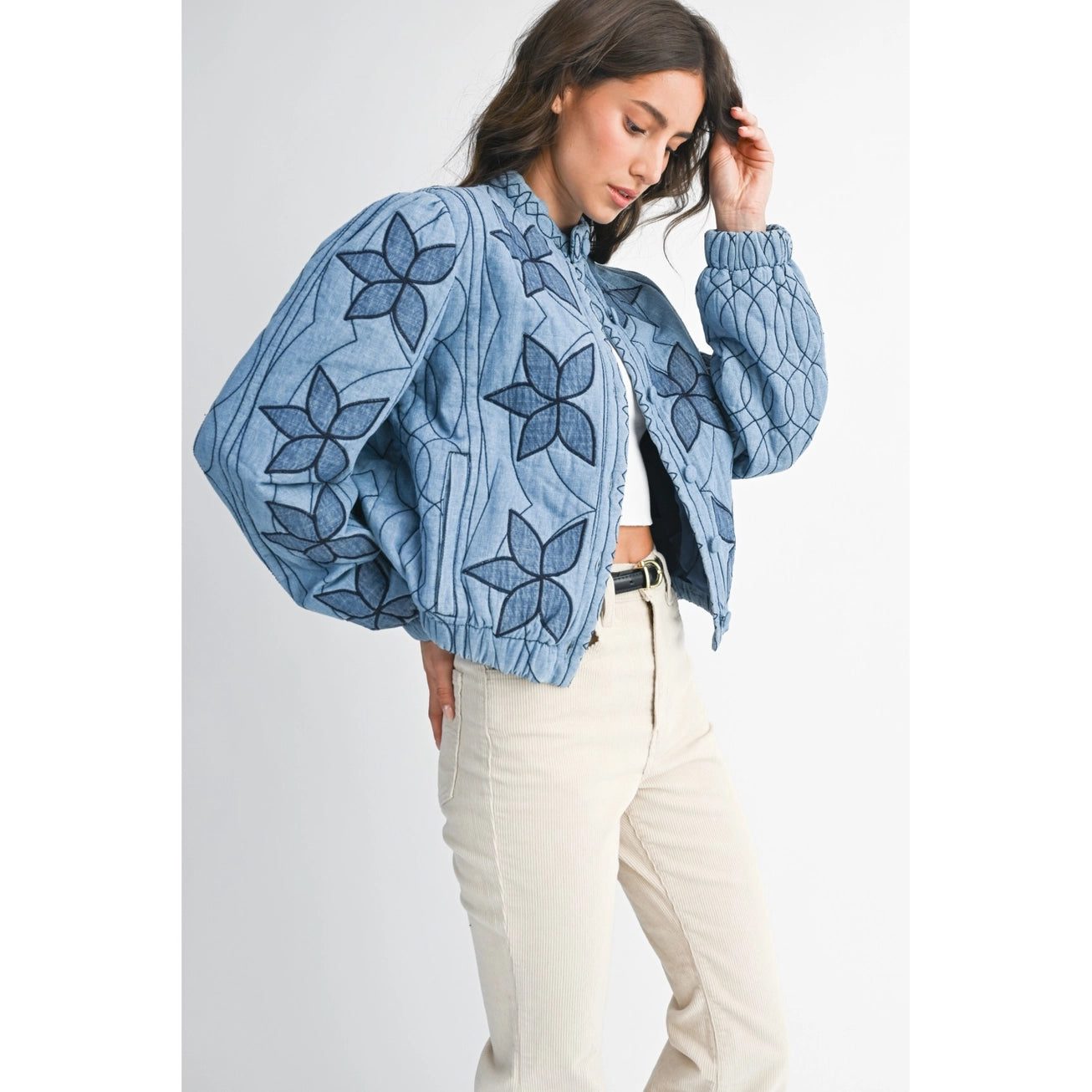 Washed Blue Embroidered Quilted Bomber Stitching Jacket