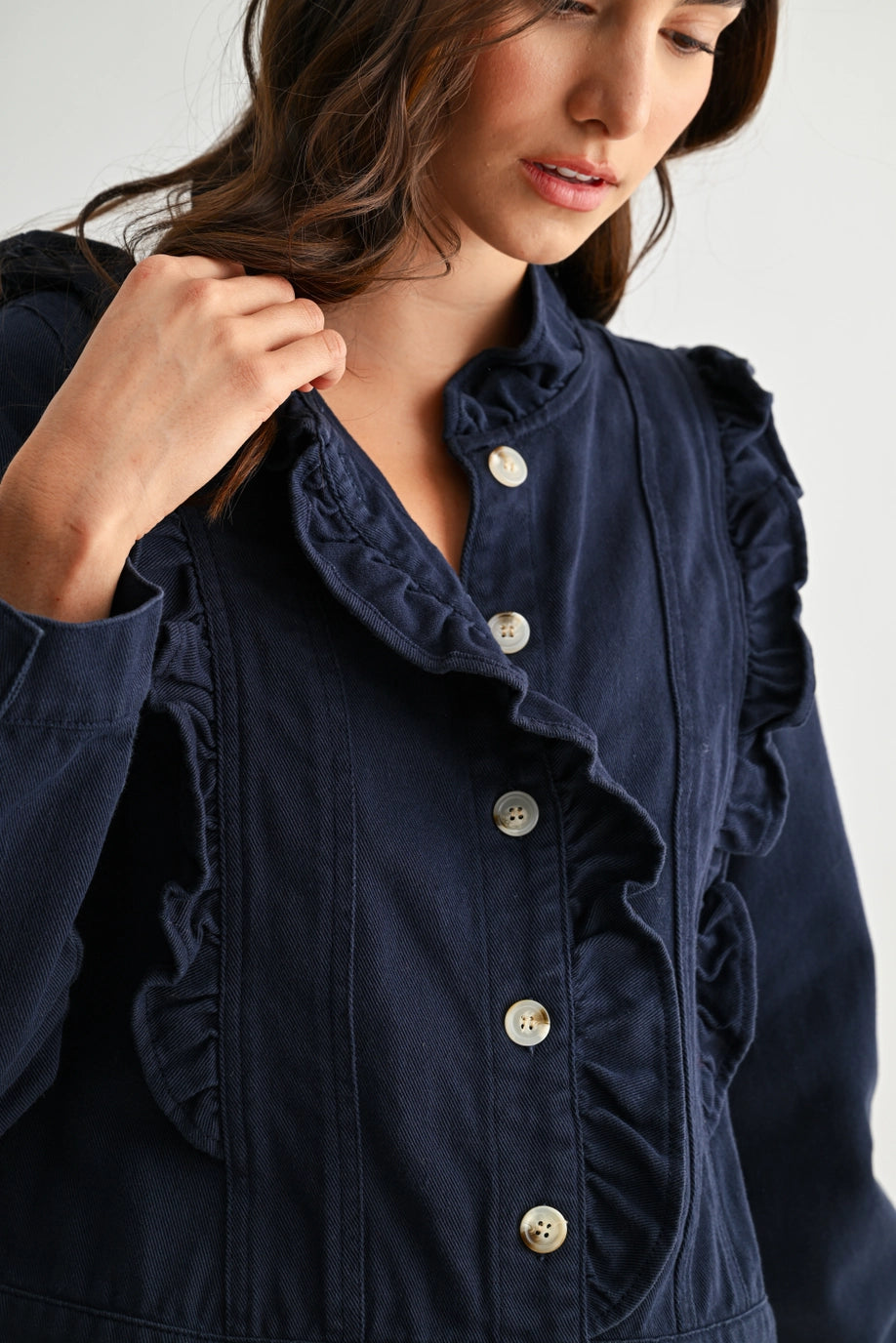 Navy Ruffled Button-Up Denim Jacket