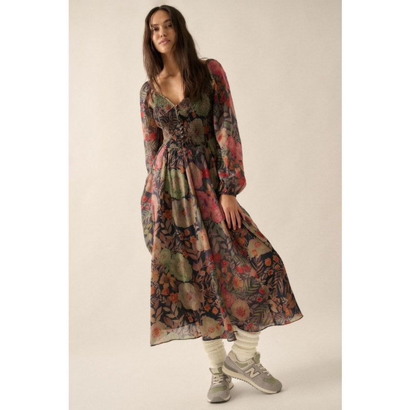 Midnight Ribbed Floral Smocked Button Peasant Maxi Dress