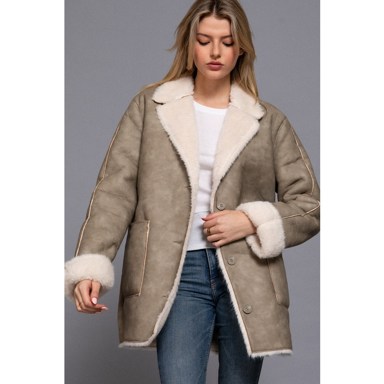 Taupe Lapel Collar Button Down Double Sided Faux Leather Coat