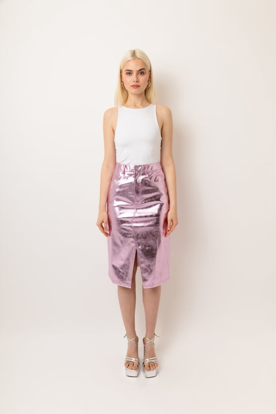 Amy Lynn Lupe High Waist Metallic Knee Length Skirt in Pink