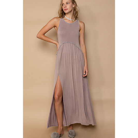 Taupe Grey Sleeveless Raceback Babydoll Front Slit Maxi Dress