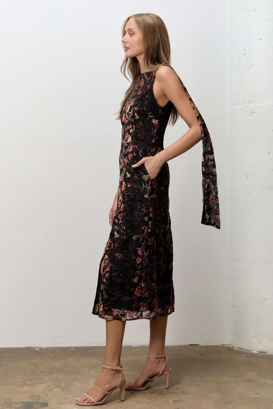 Black Burnout Velvet Boat Neck Midi Dress