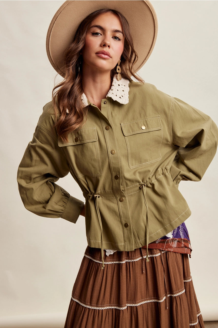 Olive Crochet Collar Utility Jacket