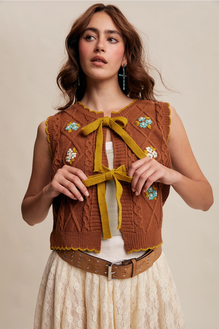 Pecan Bow-Tie Floral Knit Vest