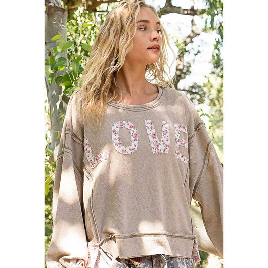 Latte Round Neck Long Sleeve Love Solid Top