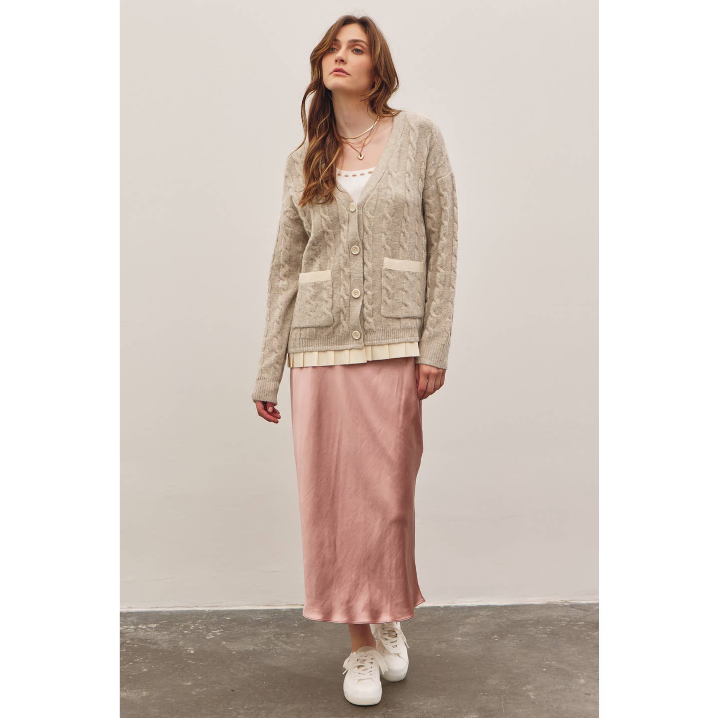 Oatmeal Button-Down Cable Knit Sweater Cardigan