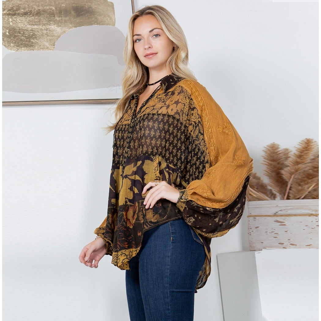 Camel Patchwork Balloon Sleeved Shirt