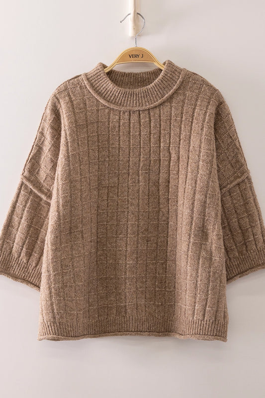 Mocha Cropped Length Ribbed Knit Sweater