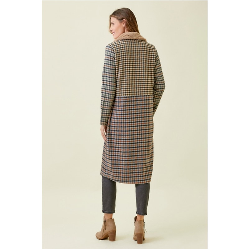 Taupe Mix Plaid Long Coat with Faux Fur Collar