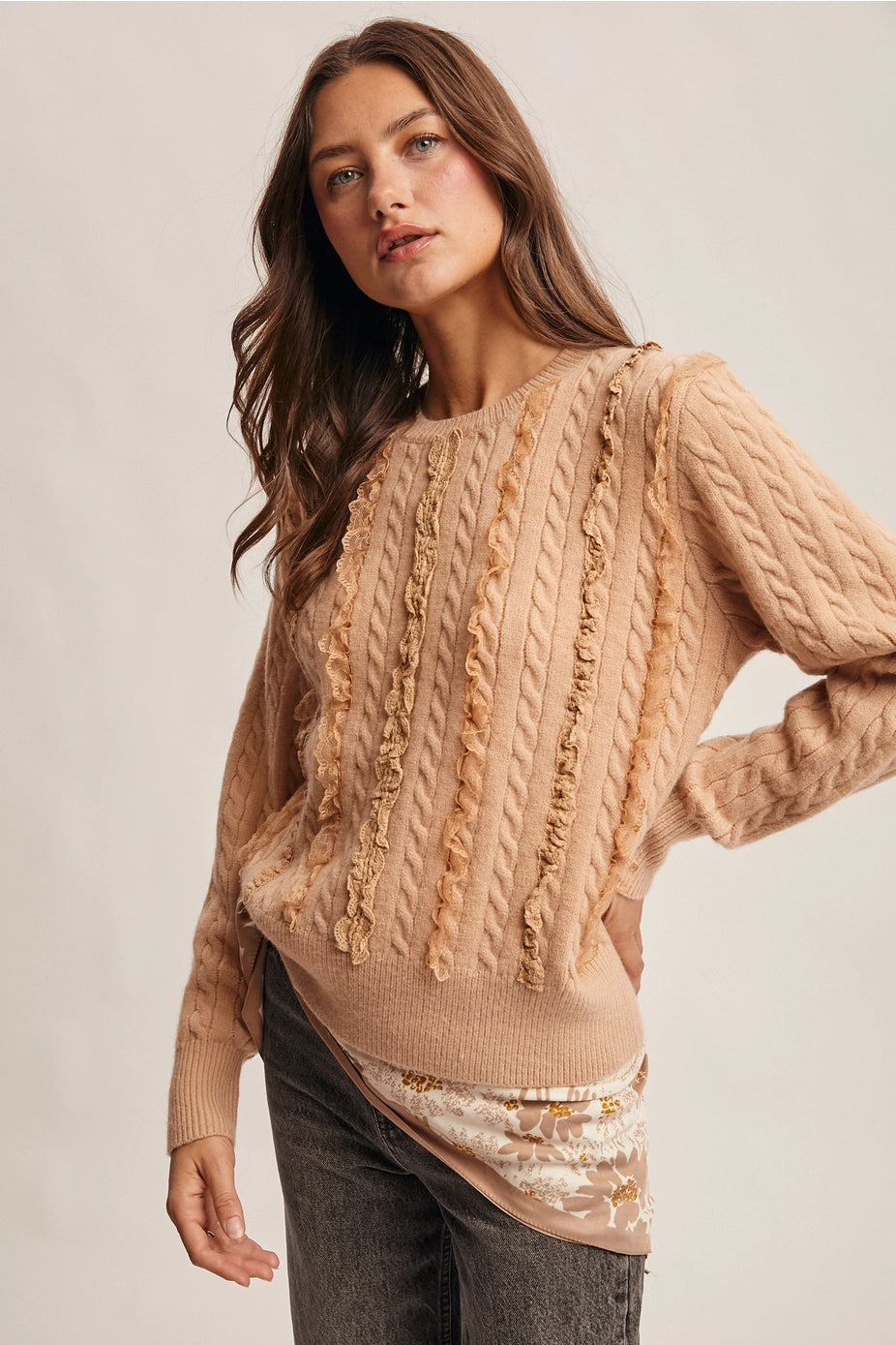 Oatmeal Lace Trim Cable Knit Pullover