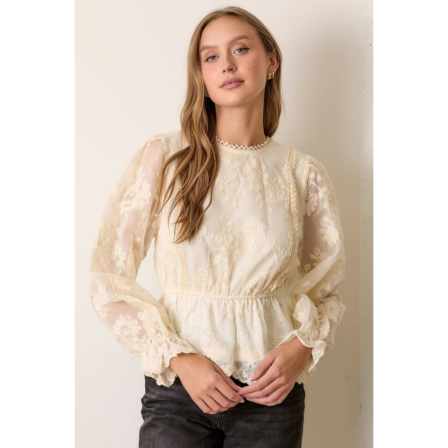 Cream Textured Lace Printed Long Sleeve Top