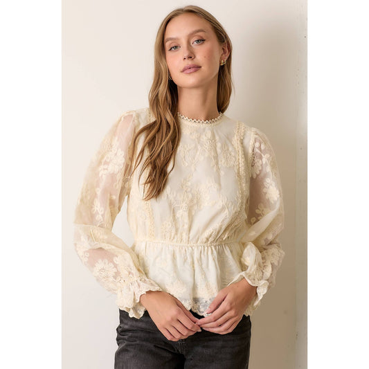 Cream Textured Lace Printed Long Sleeve Top