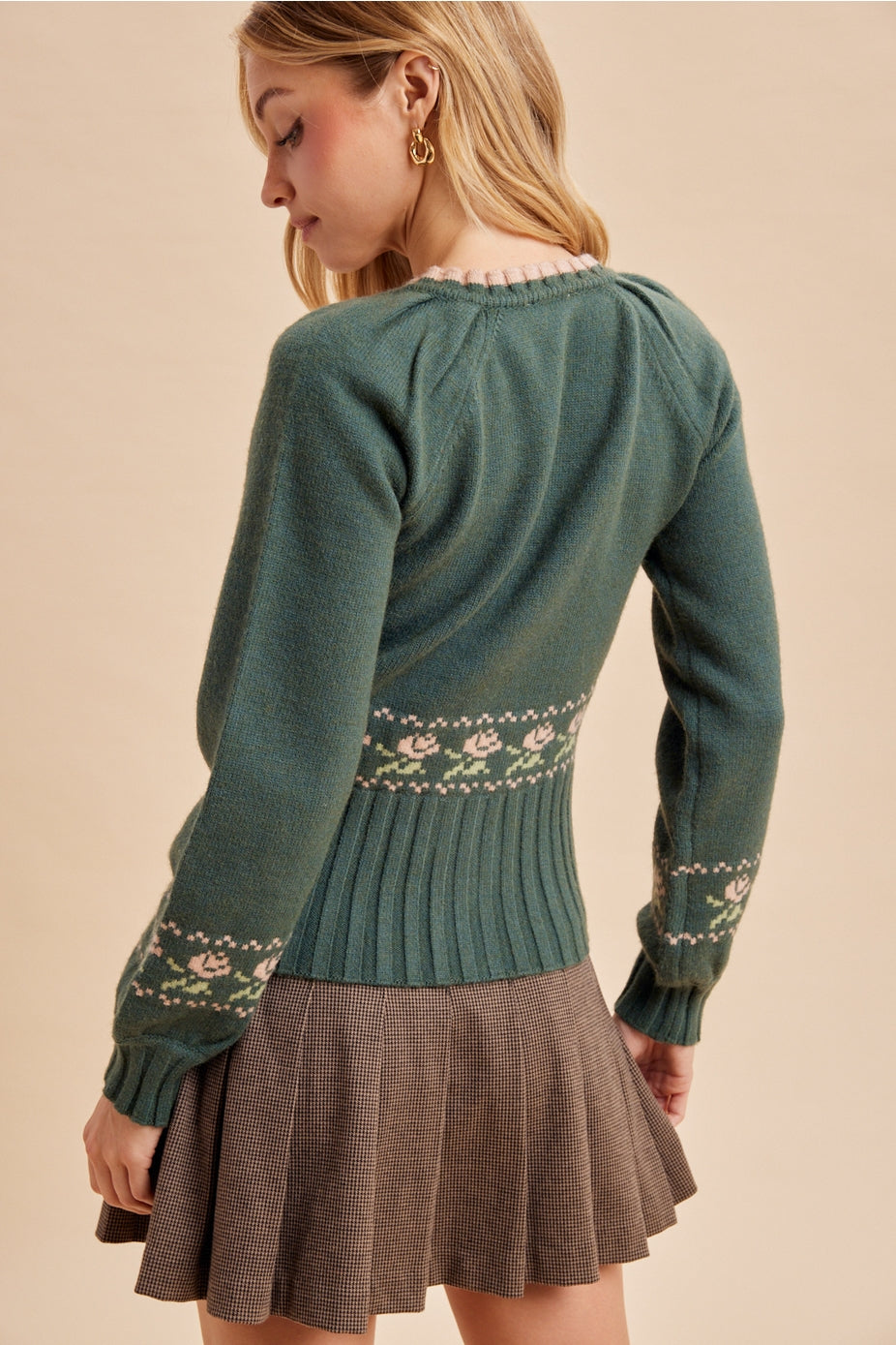 Cottage Green Floral Knitted Sweater Top
