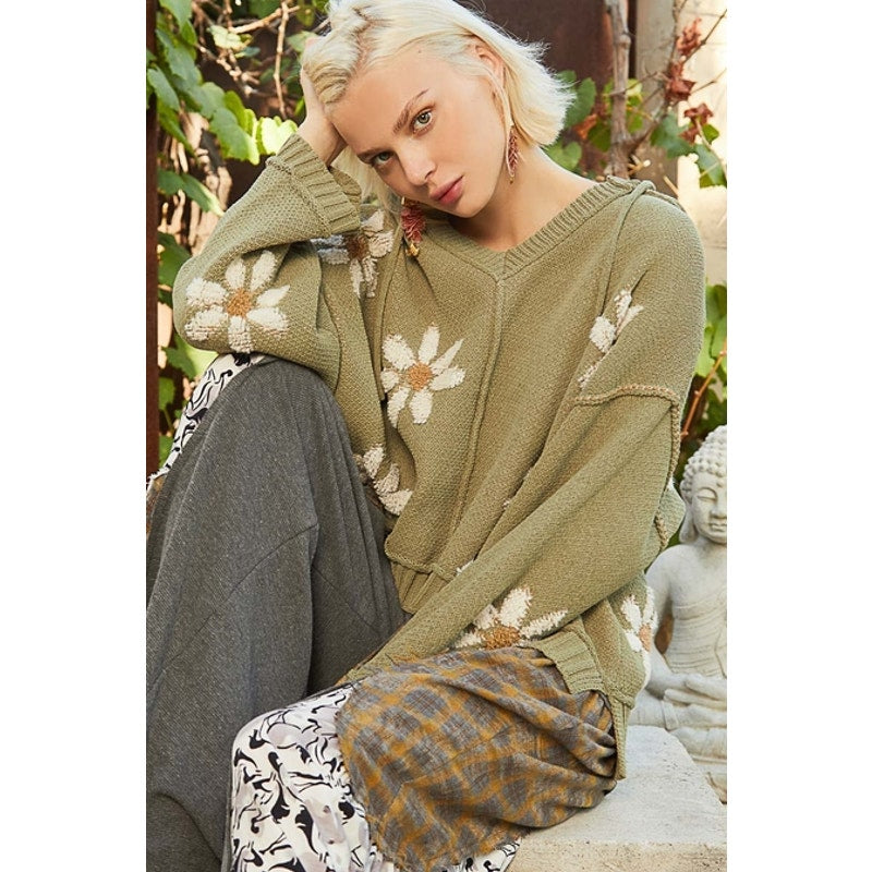 POL Basil Hooded V-Neck Floral Ribbed Sweater