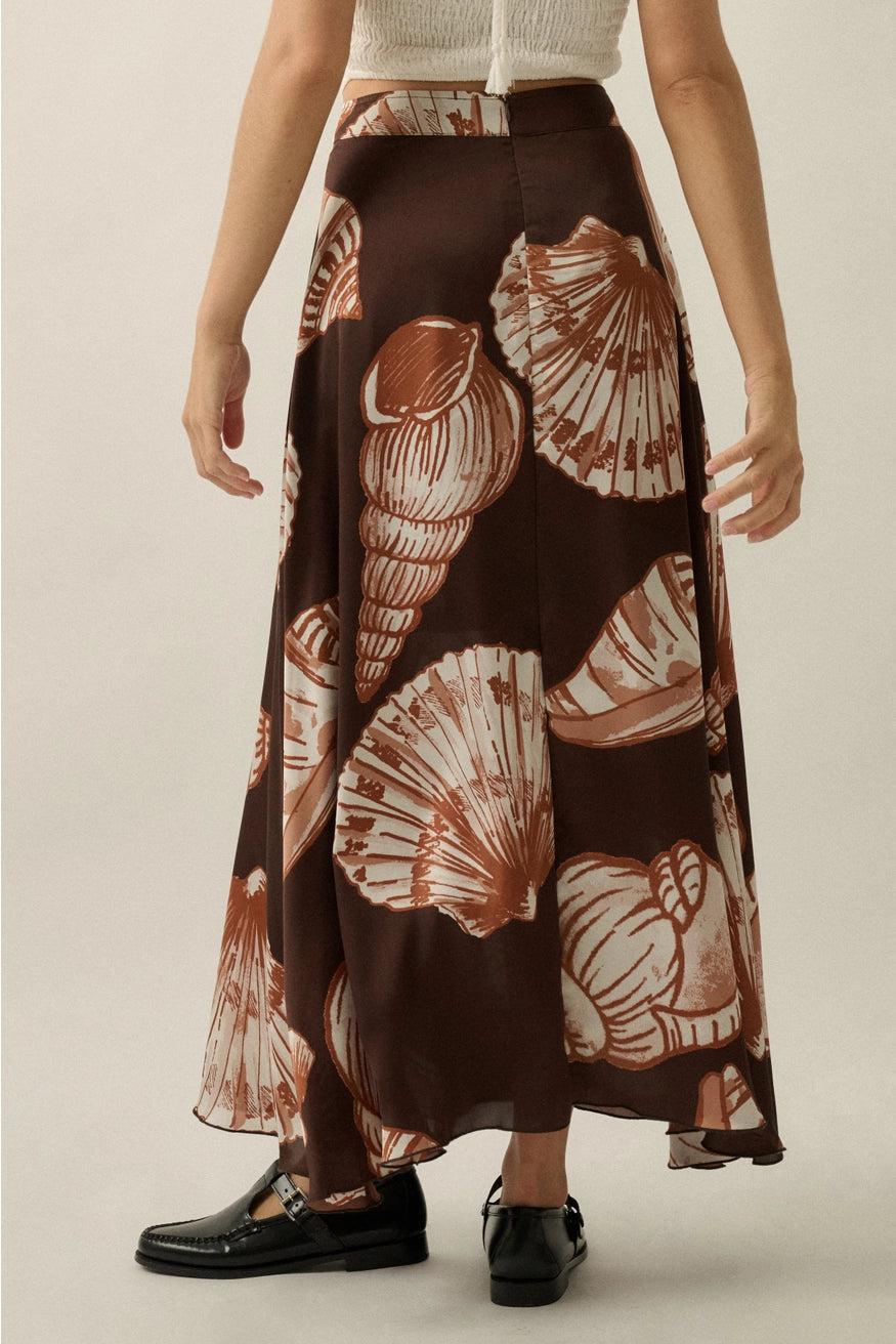 Seashell-Print Satin A-Line Maxi Skirt