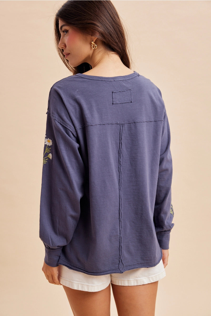 Embroidered Long Sleeve Pullover - Charcoal Denim