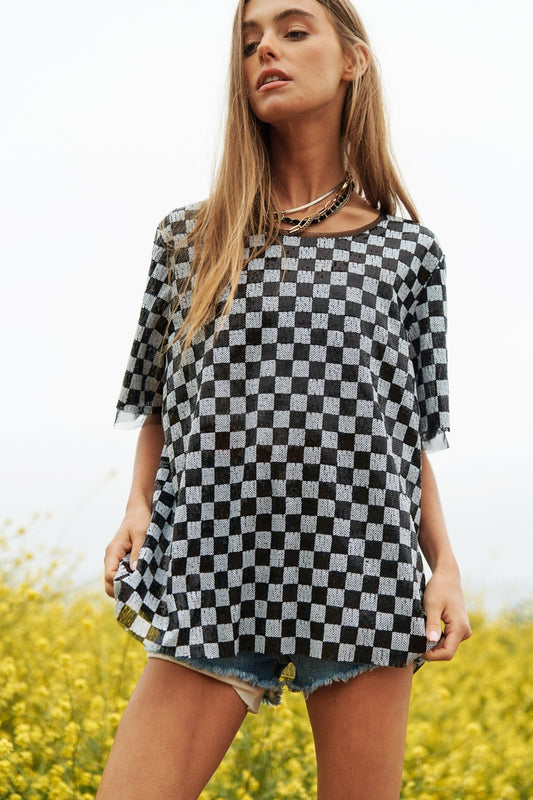 Sequin Checkerboard Straight Short Sleeve Top in Black / White