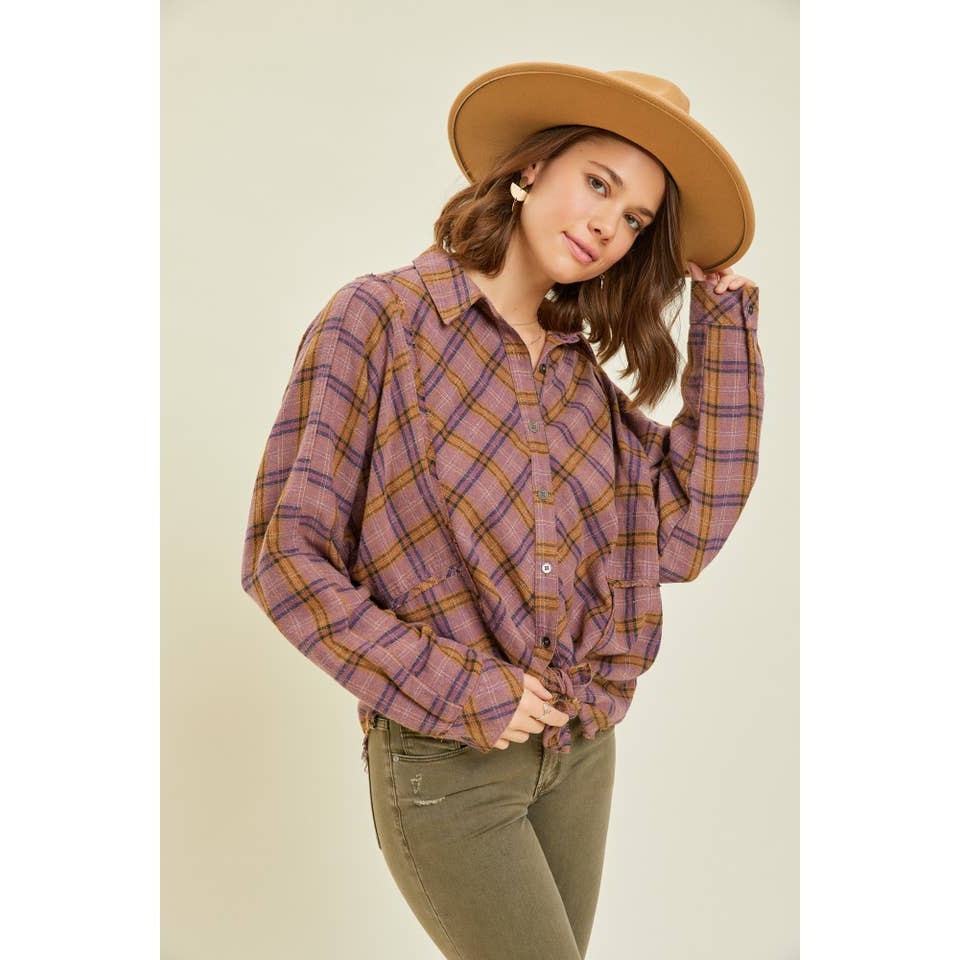 Purple Western Washed Oversized Plaid Shirt