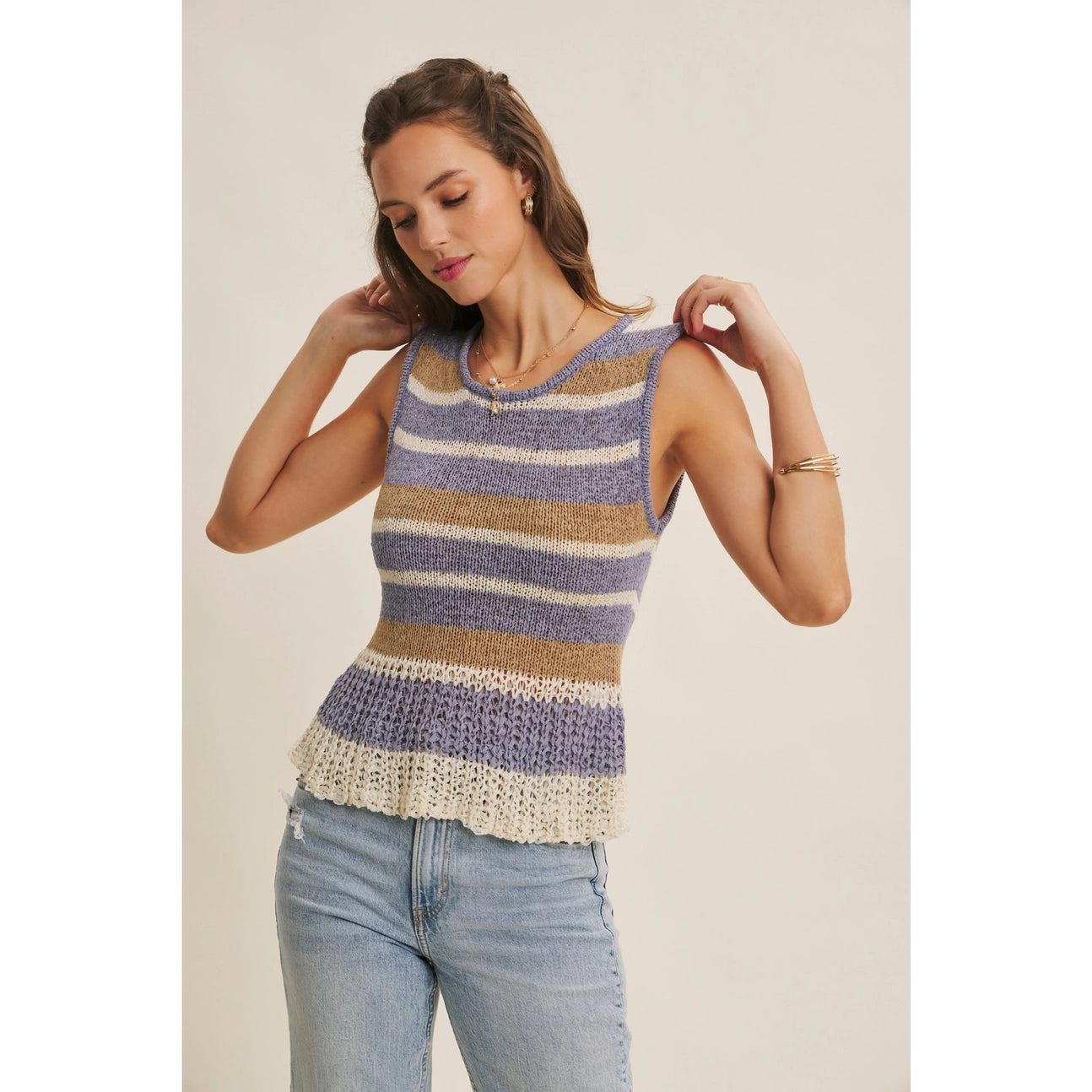 Dusty Blue Laid-Back Coastal Stripe Airy Sweater Knit Tank
