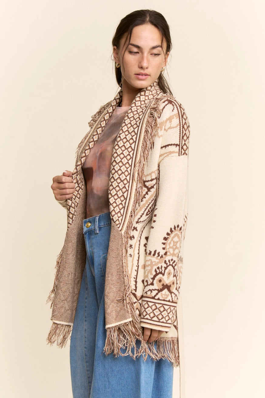Fringe Trim Jacquard Knit Belted Cardigan