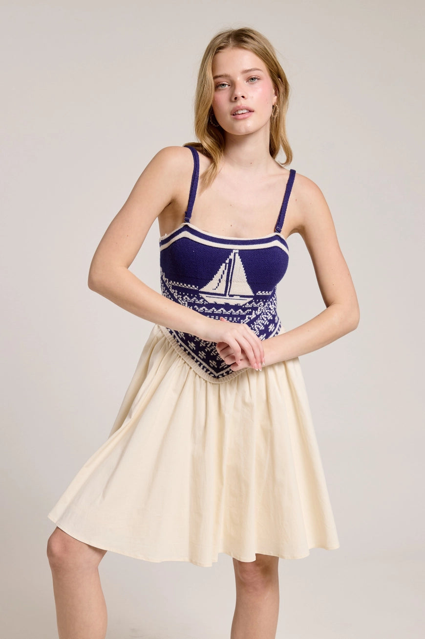 Sailboat Knit Bodice Contrast Midi Dress