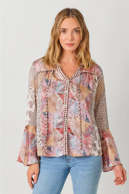 Mixed Print Bell Sleeve Shirt