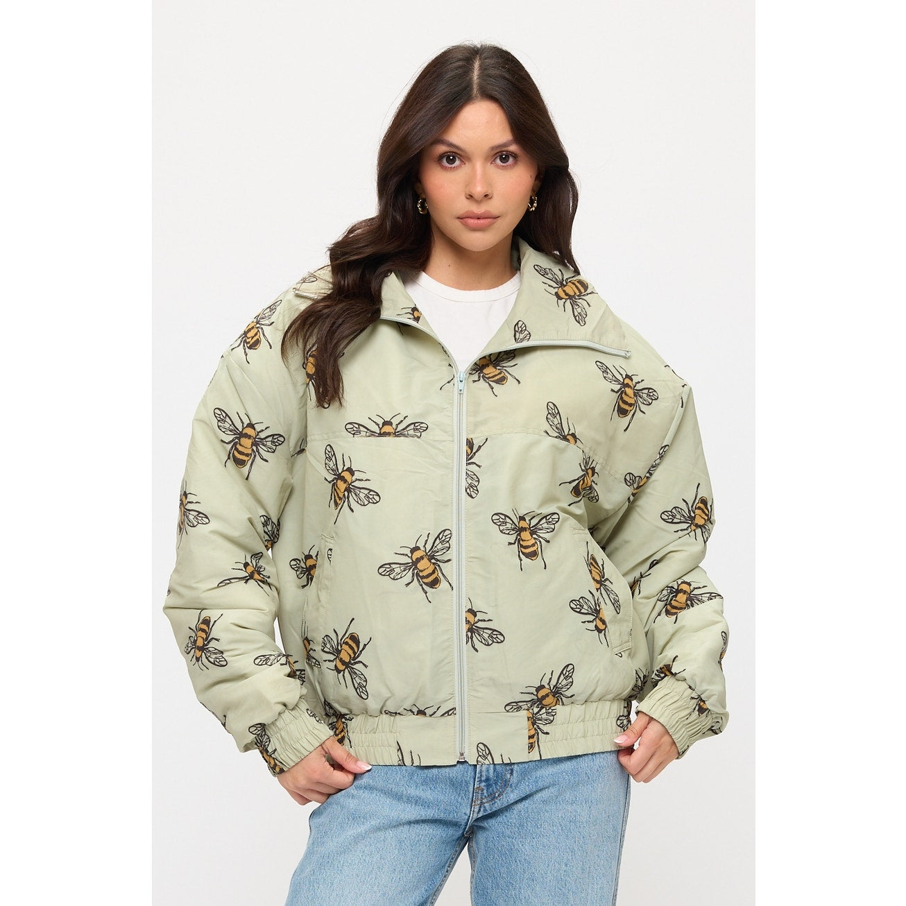 Bumble Bee Print Bomber Puffer Jacket
