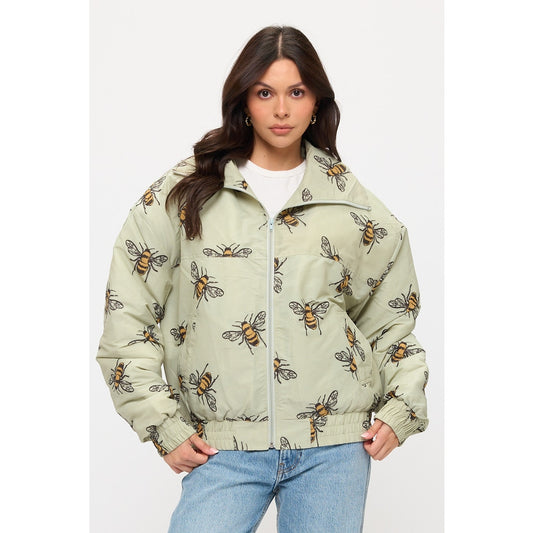 Bumble Bee Print Bomber Puffer Jacket