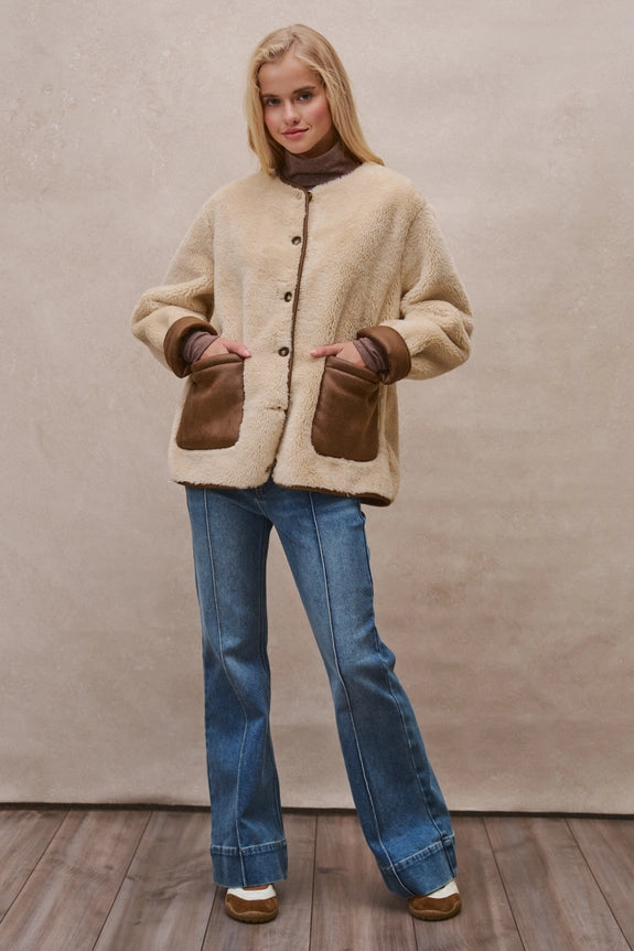 Faux Shearling Jacket with Suede Pockets