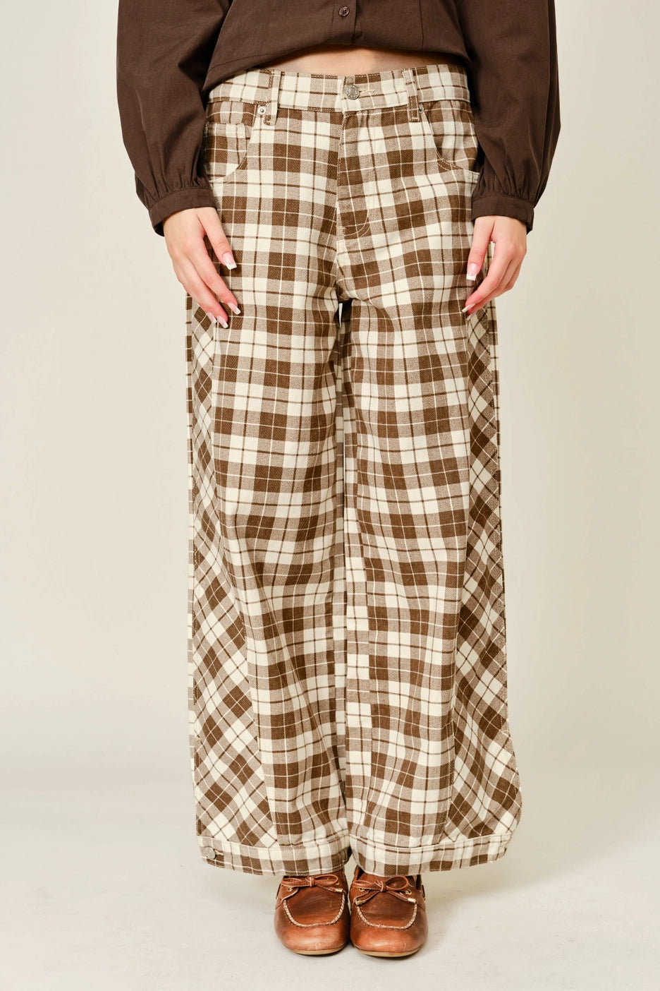 Oxford Plaid Wide Leg Cotton Pants