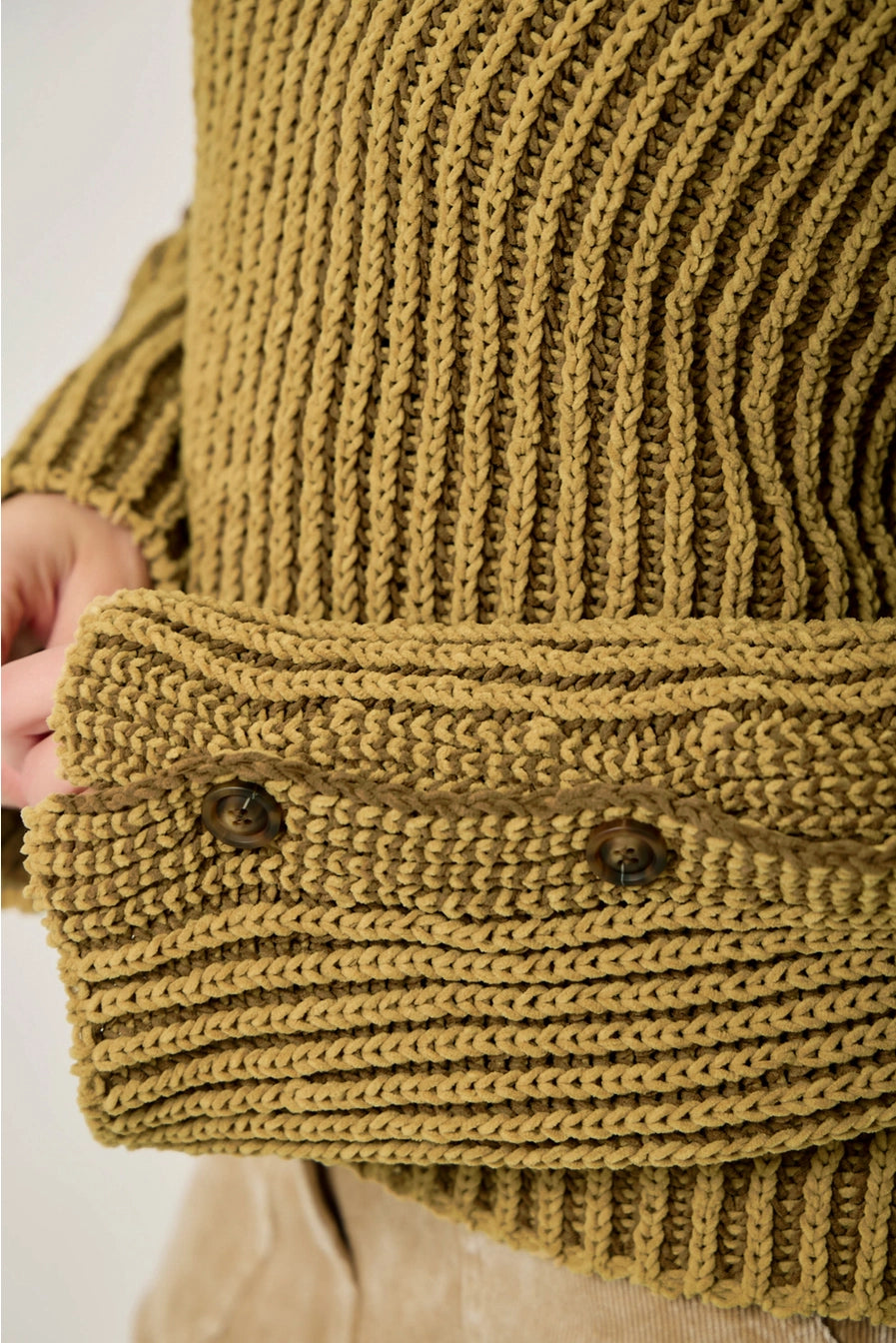 Mustard Velvety Two-Tone Sleeve Buttoned Sweater