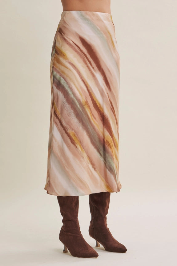 Earthy Watercolor Abstract Silky Satin Bias Maxi Skirt