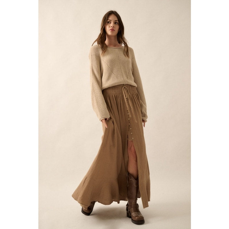 Espresso Smocked Elastic-Waist Front-Slit Crepe Maxi Skirt