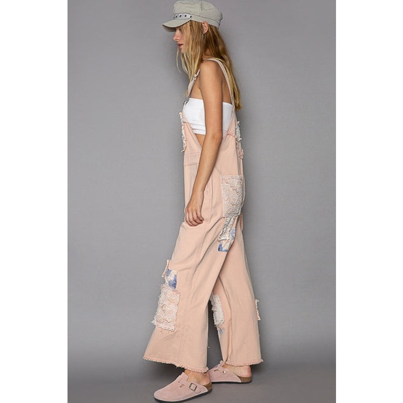 Salmon Pink Crochet Patchwork Detail Casual Denim Overalls