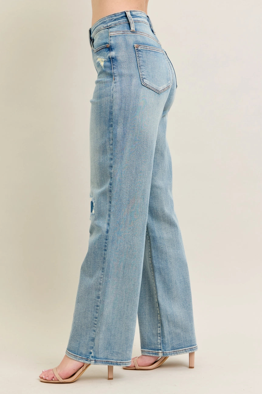 High Waisted Distressed & Knee Patch Straight Jeans