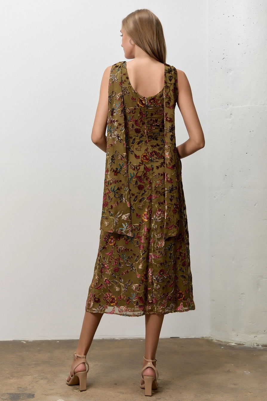 Olive Burnout Velvet Boat Neck Midi Dress