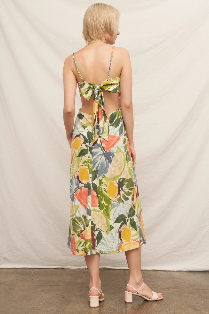 Tropical Fruit Print Sleeveless Midi Dress with Tie-Back