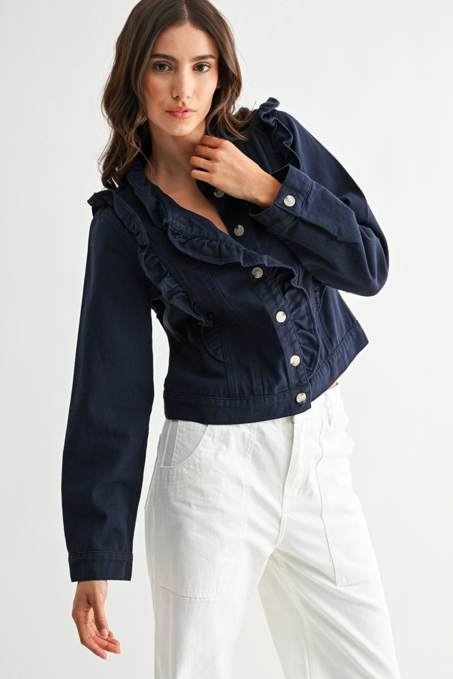 Navy Ruffled Button-Up Denim Jacket