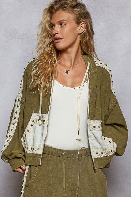 Vintage Olive Double Gauze Stud Detail Hoodie Jacket